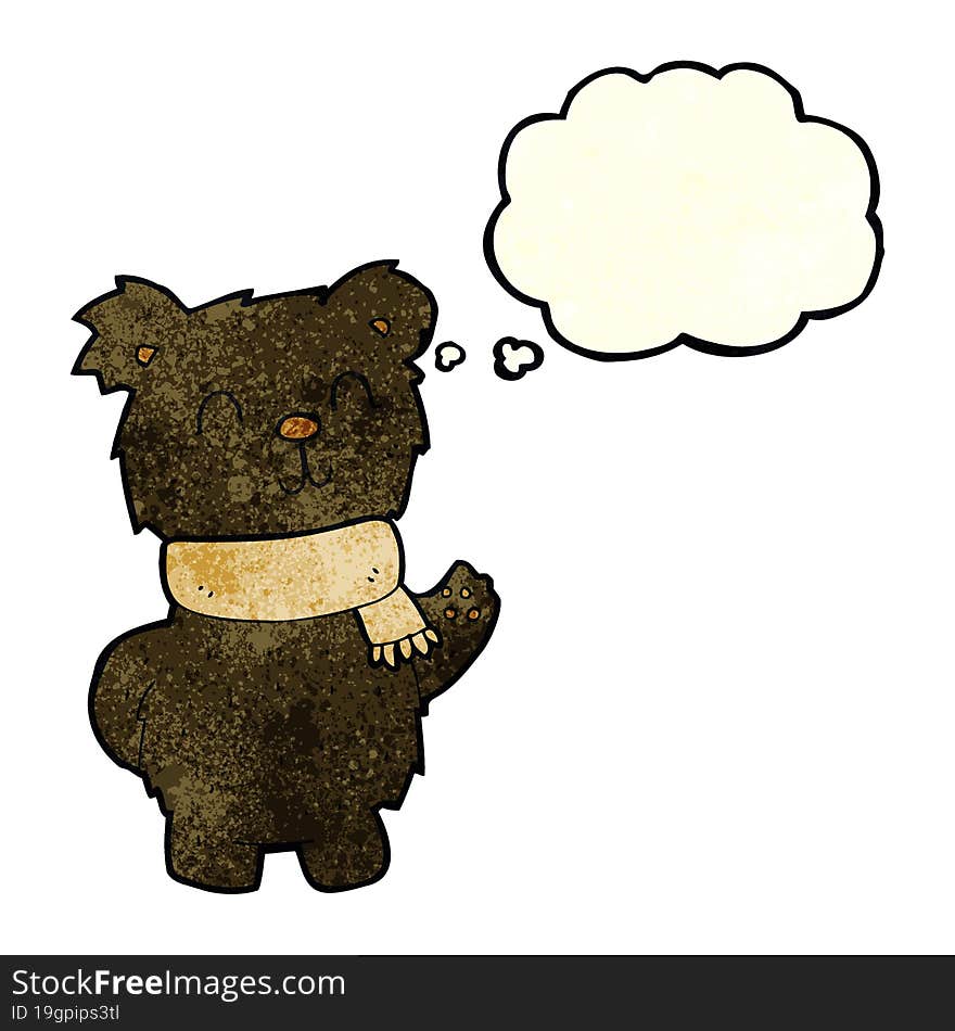 cartoon waving black bear with thought bubble