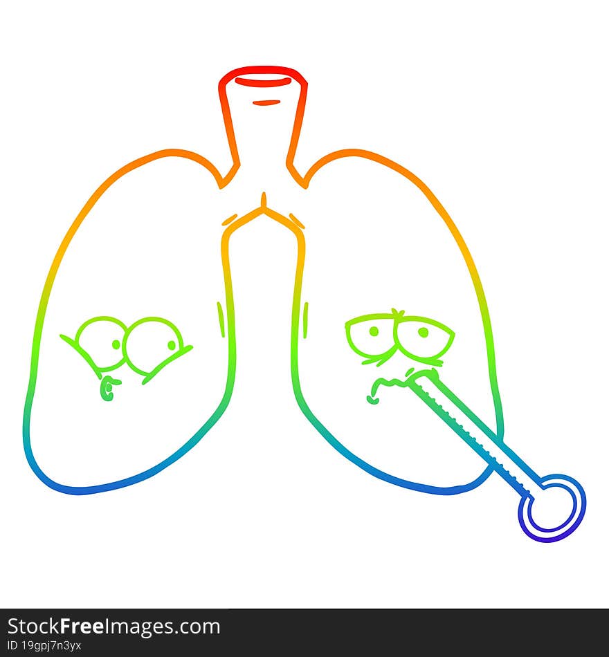 rainbow gradient line drawing of a cartoon unhealthy lungs