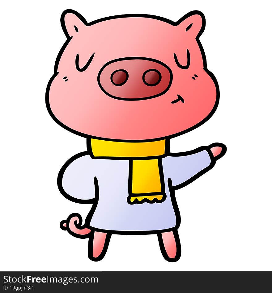 cartoon content pig in winter attire. cartoon content pig in winter attire