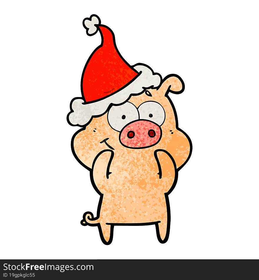 happy textured cartoon of a pig wearing santa hat