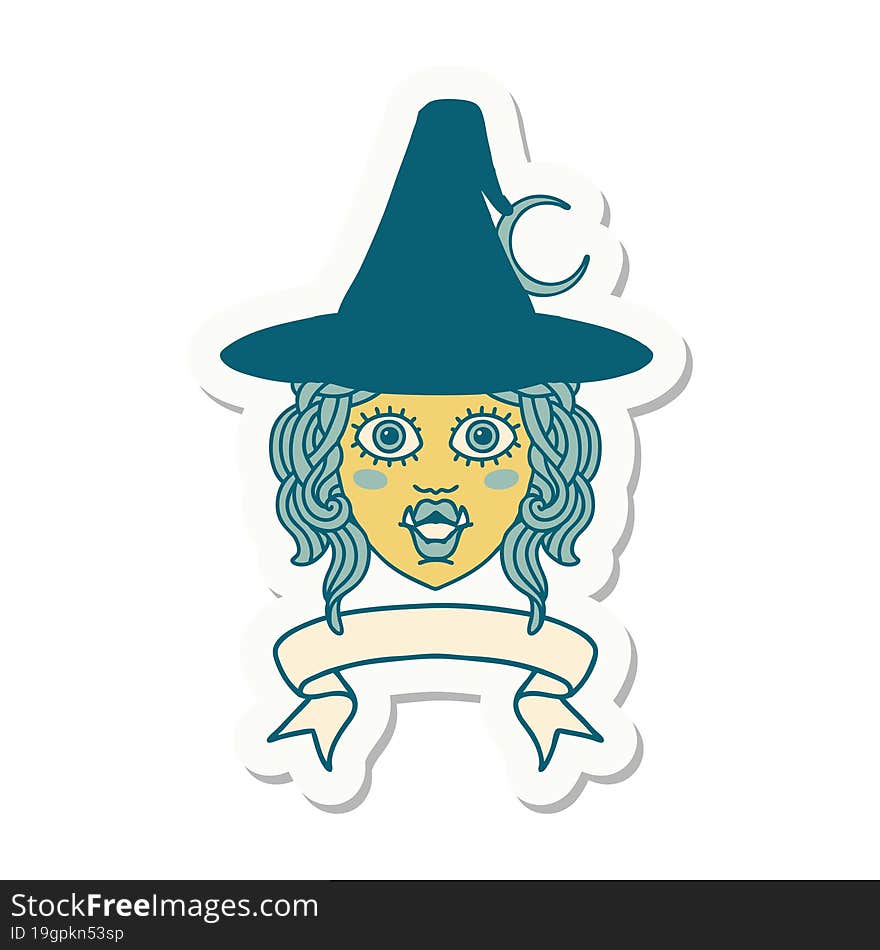 sticker of a half orc witch character face with banner. sticker of a half orc witch character face with banner