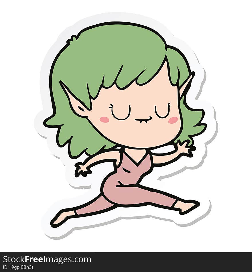 sticker of a happy cartoon elf girl running