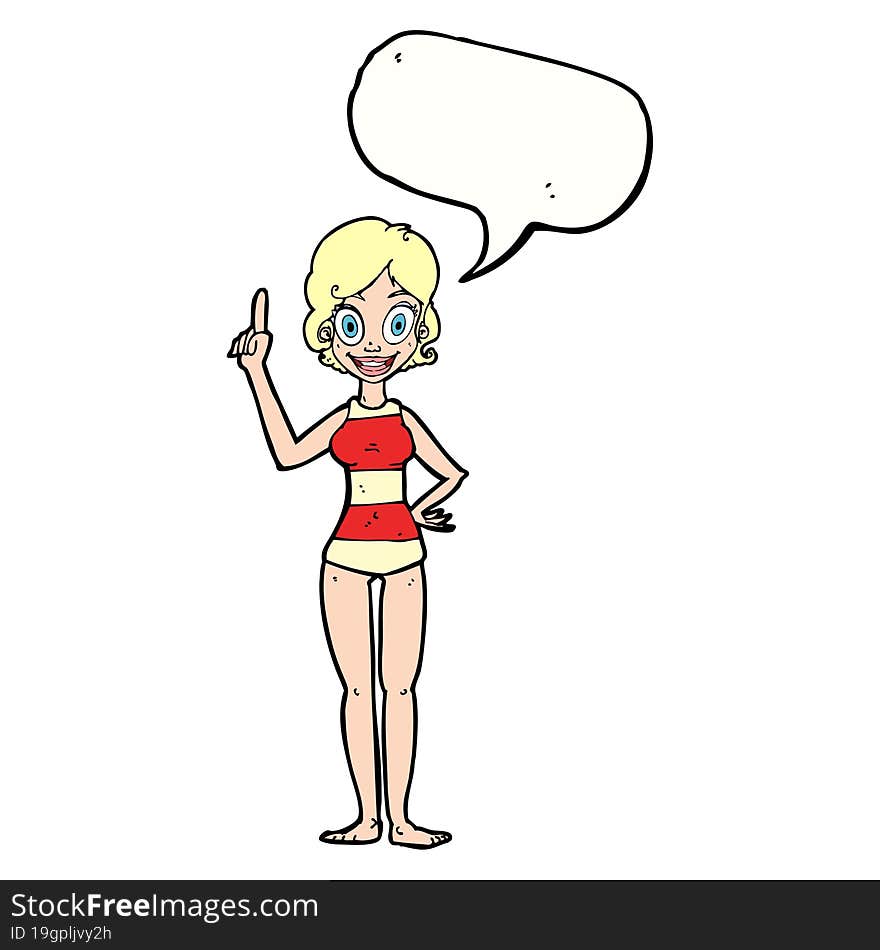 cartoon woman in striped swimsuit with speech bubble