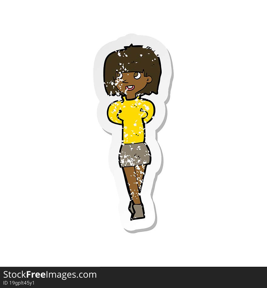 retro distressed sticker of a cartoon happy woman