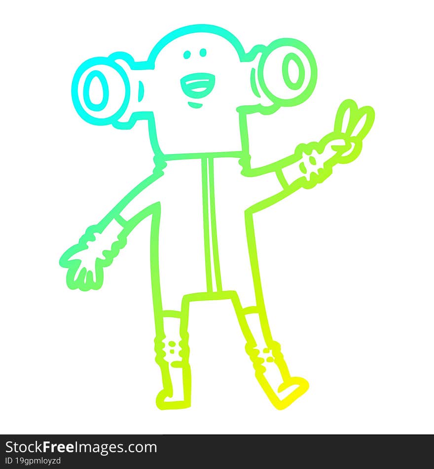 cold gradient line drawing friendly cartoon alien giving peace sign