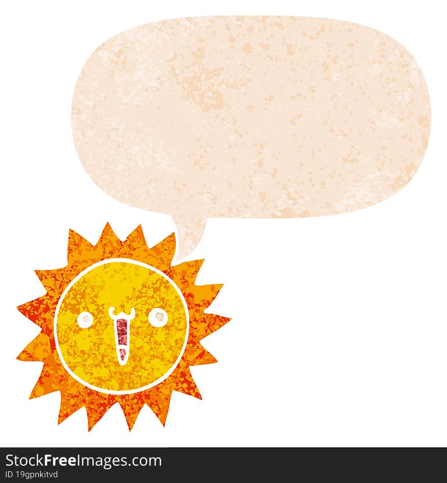 cartoon sun and speech bubble in retro textured style