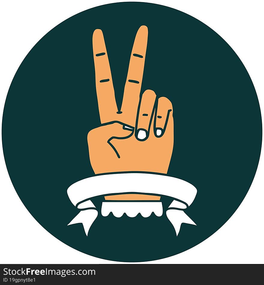 Peace Two Finger Hand Gesture With Banner Icon