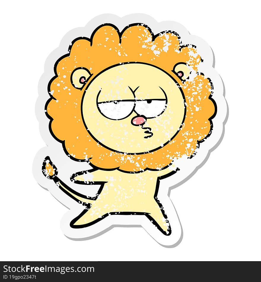 distressed sticker of a cartoon bored lion