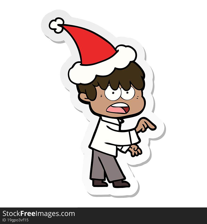 worried sticker cartoon of a boy wearing santa hat