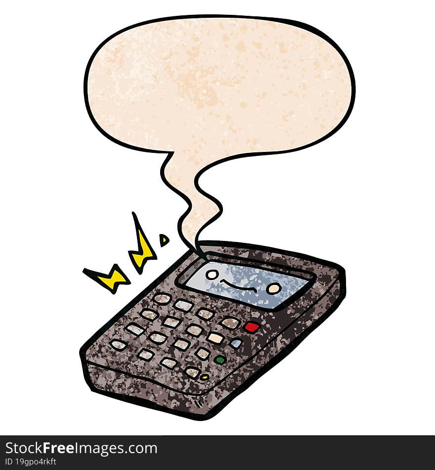 cartoon calculator and speech bubble in retro texture style