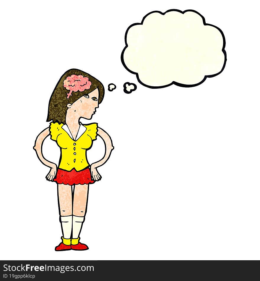 cartoon intelligent woman with thought bubble