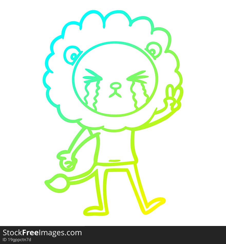 cold gradient line drawing cartoon crying lion giving peace sign