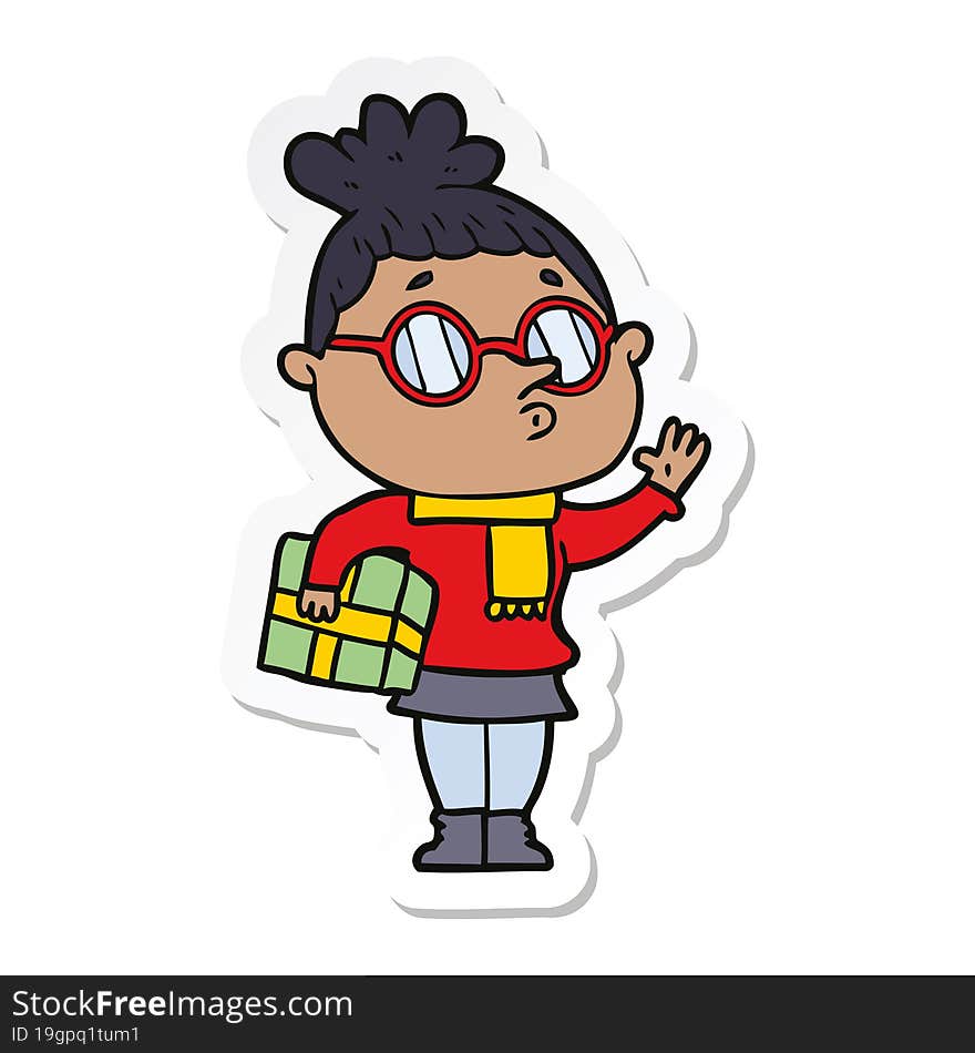 sticker of a cartoon woman wearing glasses