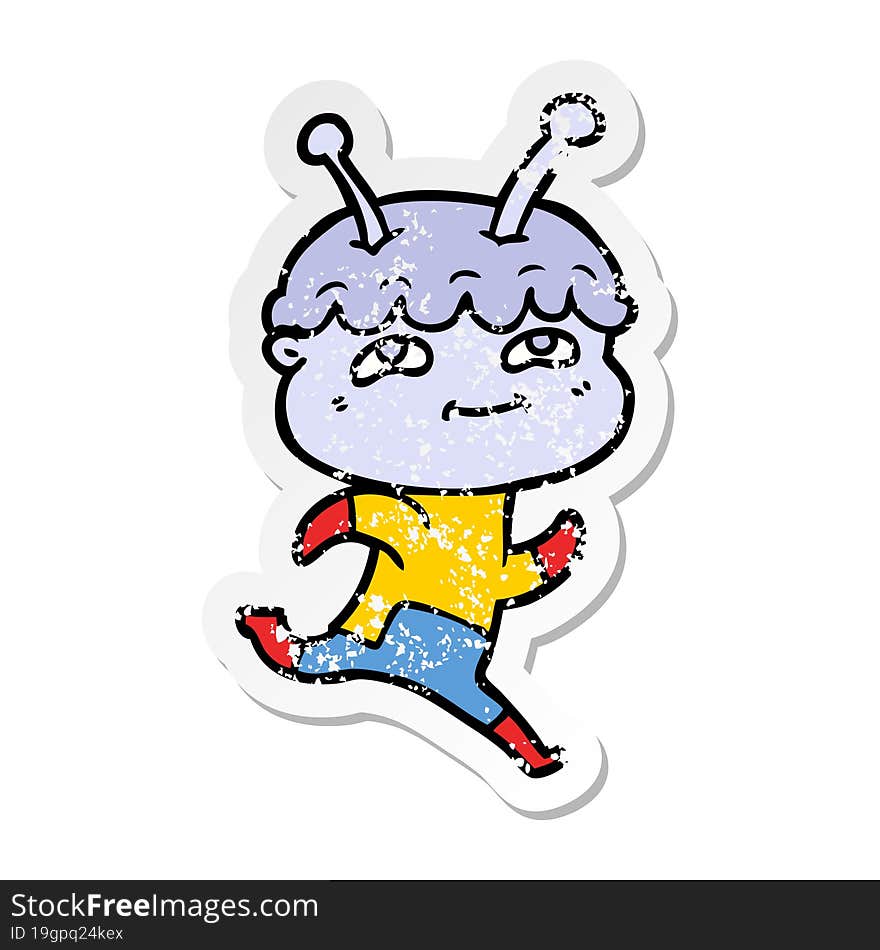 distressed sticker of a friendly cartoon spaceman running