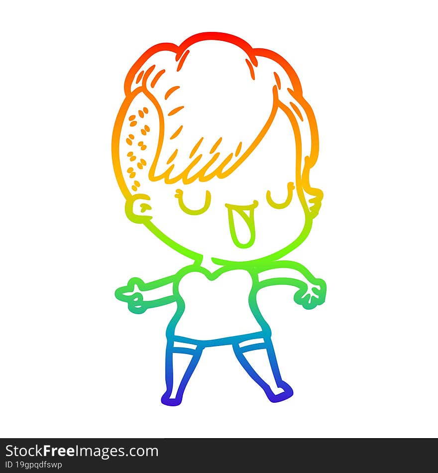 Rainbow Gradient Line Drawing Cute Cartoon Girl With Hipster Haircut