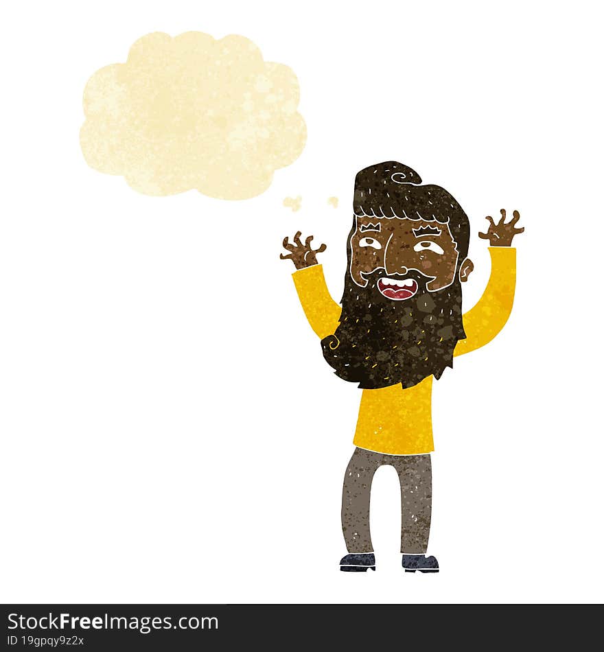 cartoon happy bearded man waving arms with thought bubble