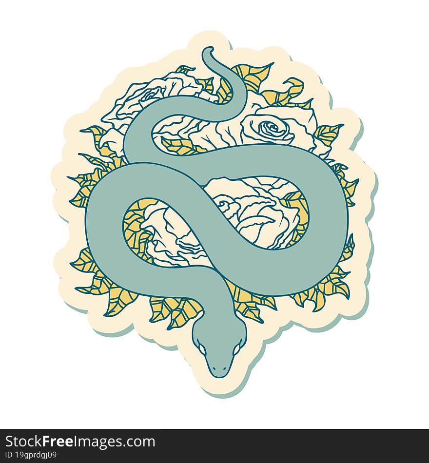 Tattoo Style Sticker Of A Snake And Roses