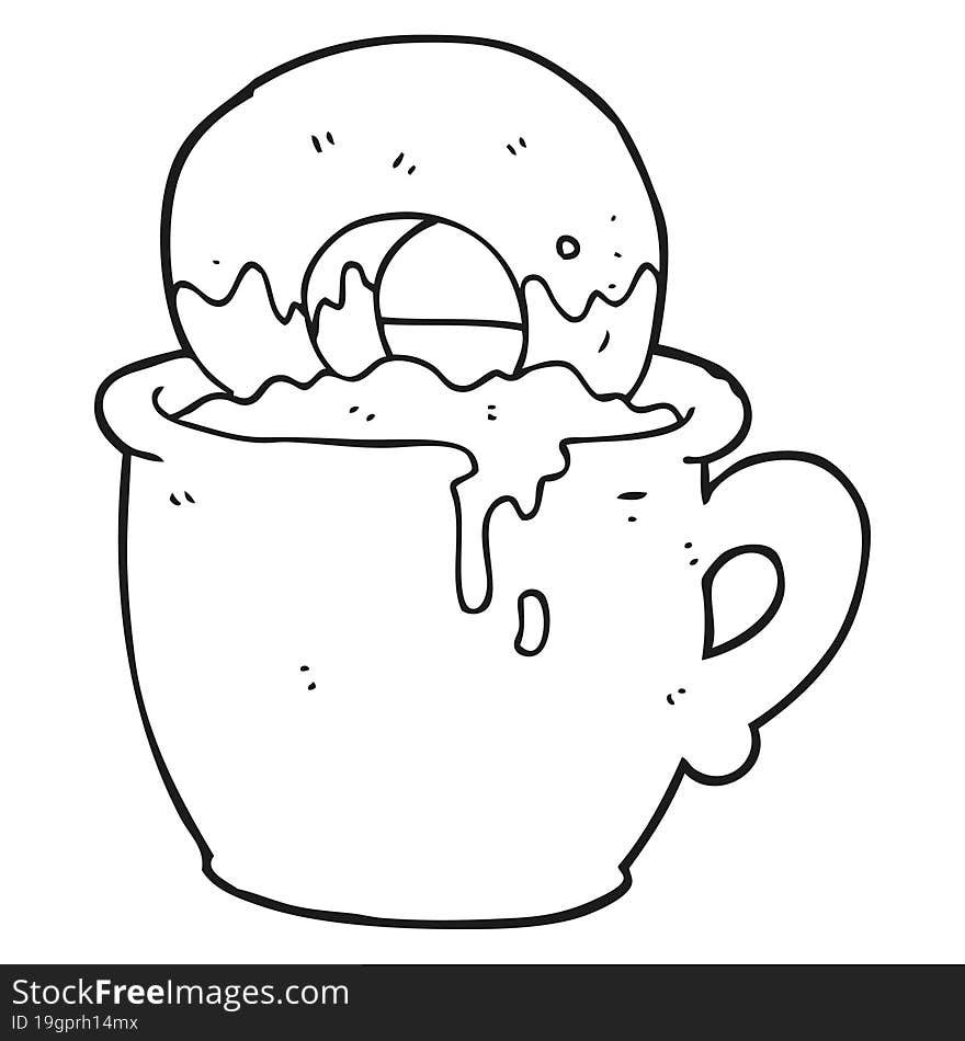 black and white cartoon donut dunked in coffee