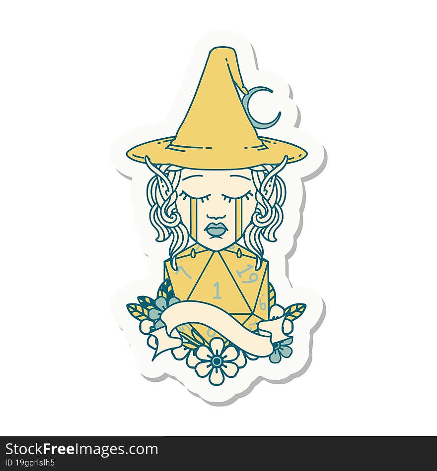 crying elf mage character face with natural one D20 roll sticker