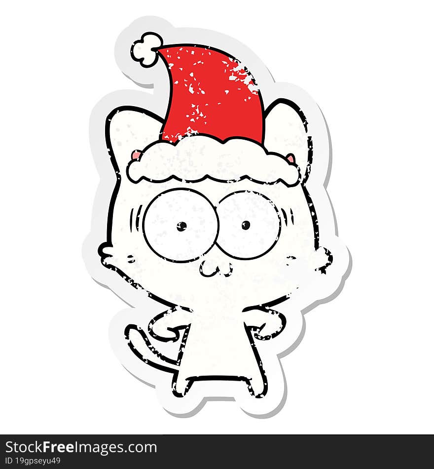 distressed sticker cartoon of a surprised cat wearing santa hat