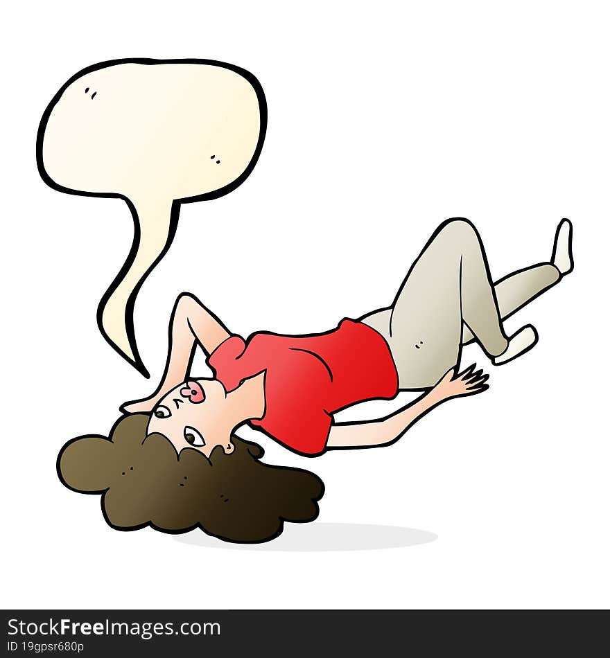 cartoon woman lying on floor with speech bubble