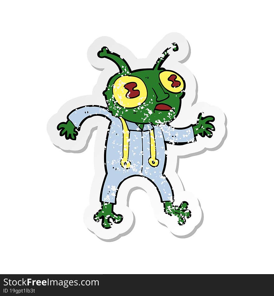 retro distressed sticker of a cartoon alien spaceman