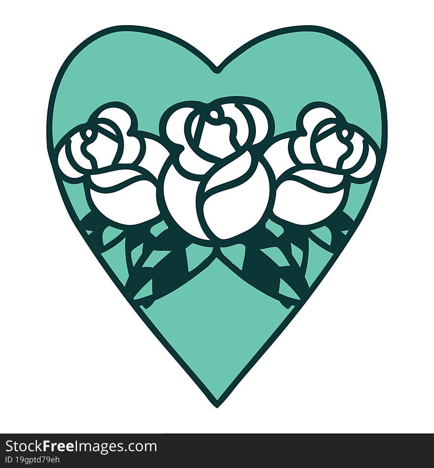 iconic tattoo style image of a heart and flowers. iconic tattoo style image of a heart and flowers