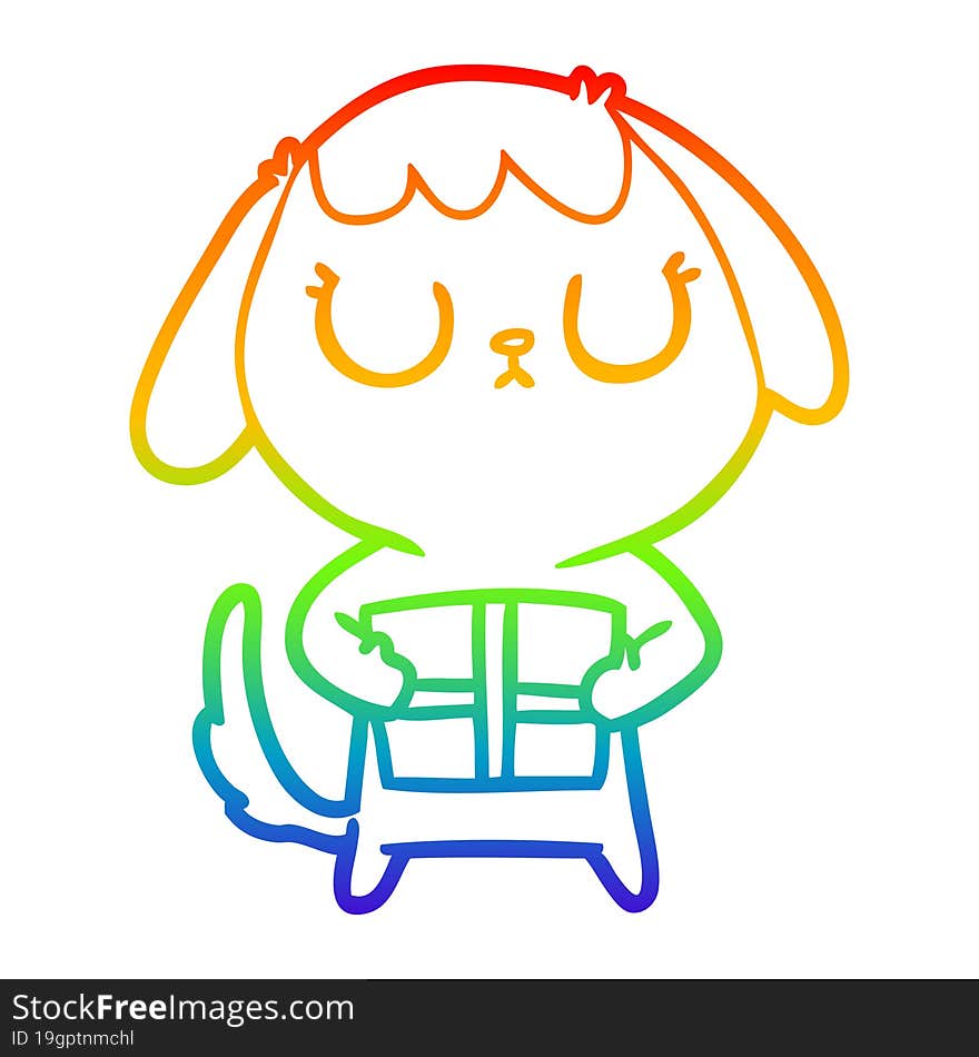 rainbow gradient line drawing of a cute cartoon dog with christmas present