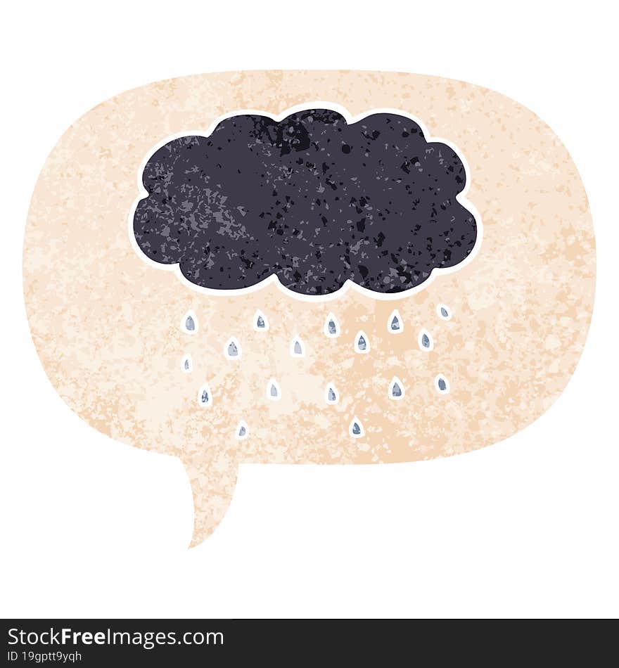 cartoon cloud raining and speech bubble in retro textured style