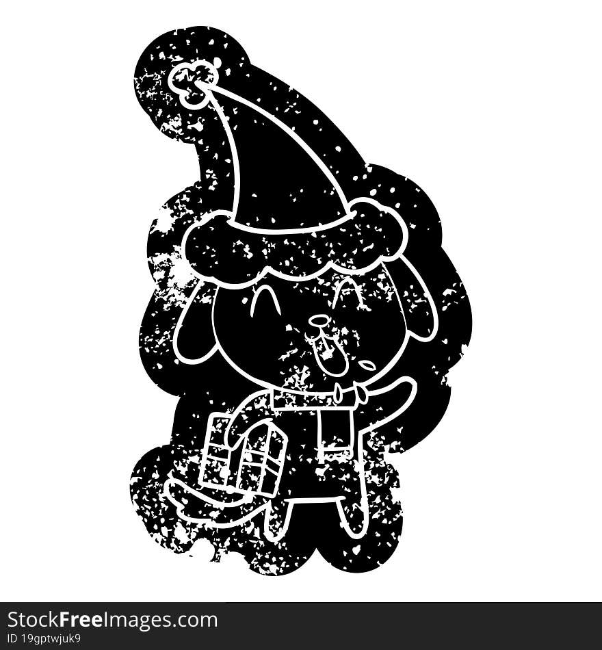 cute cartoon distressed icon of a dog with christmas present wearing santa hat