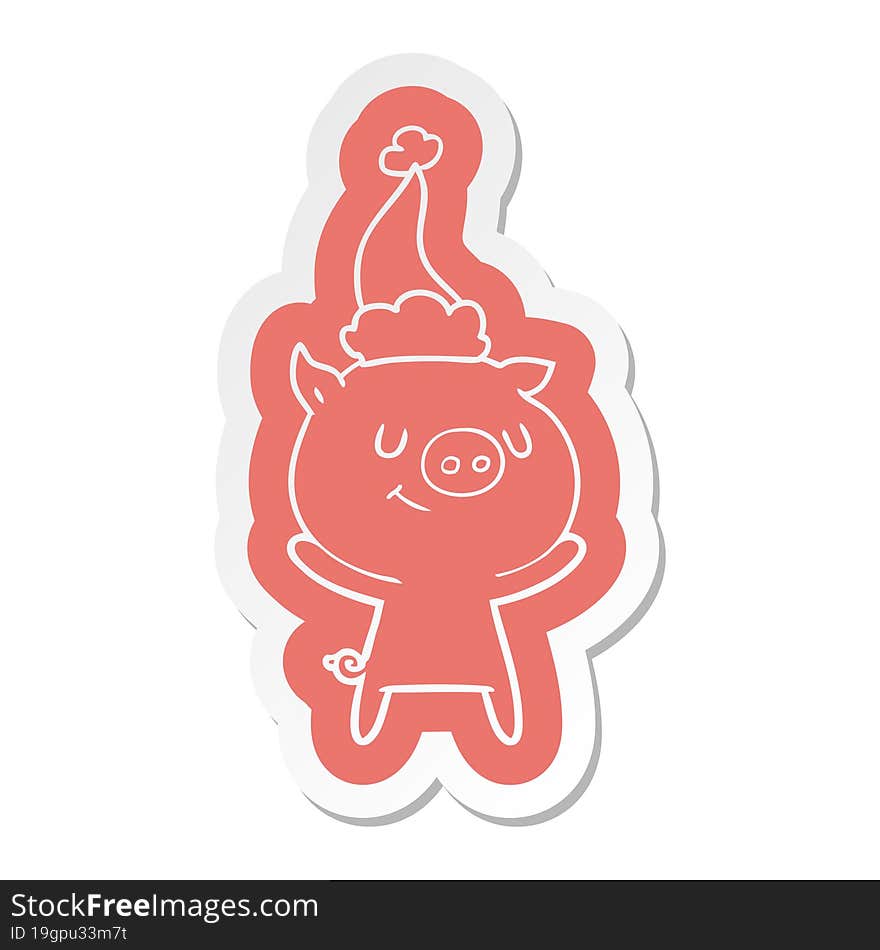 happy cartoon  sticker of a pig wearing santa hat