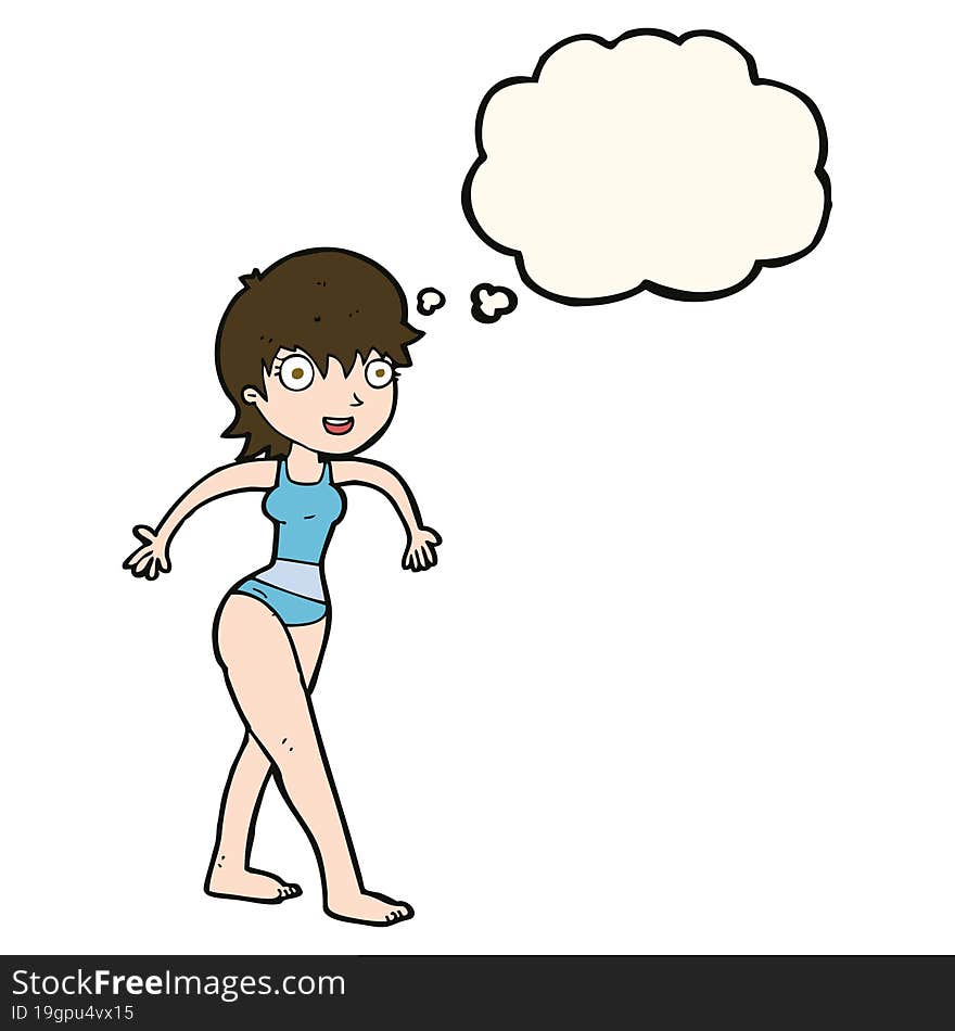 cartoon happy woman in swimming costume with thought bubble