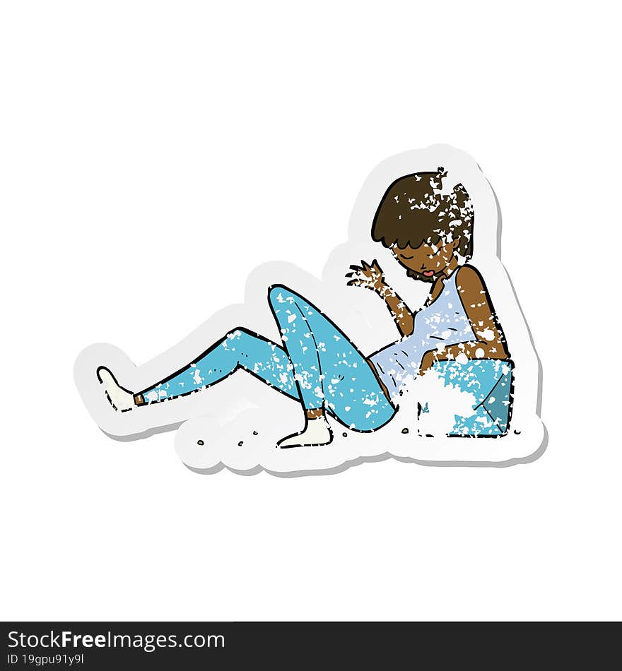 retro distressed sticker of a cartoon woman leaning on package box