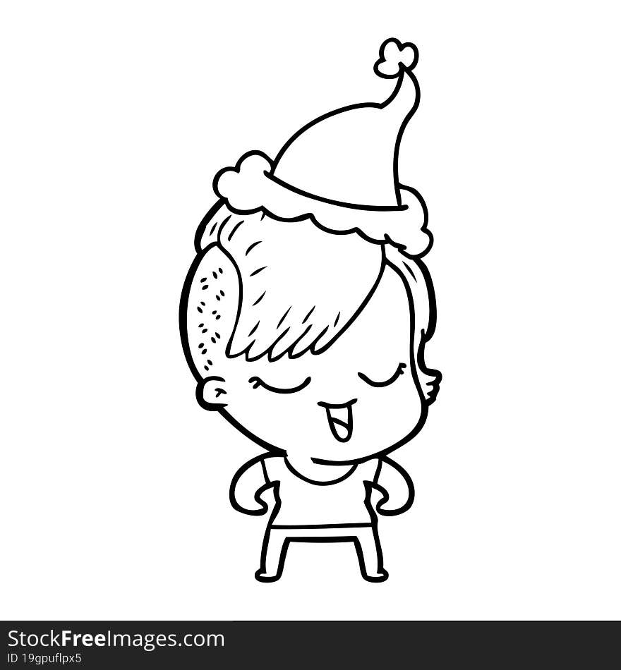 happy line drawing of a girl wearing santa hat