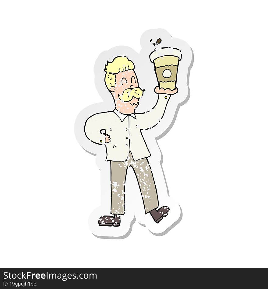 retro distressed sticker of a cartoon man with coffee cups