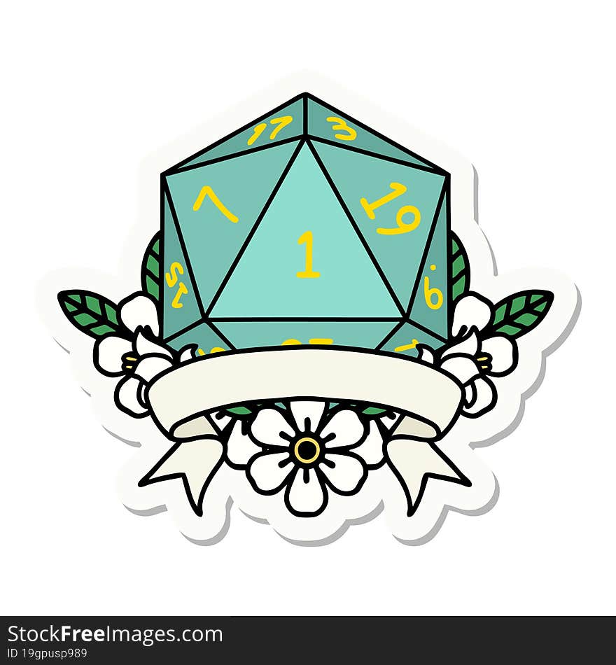 sticker of a natural one d20 dice roll. sticker of a natural one d20 dice roll