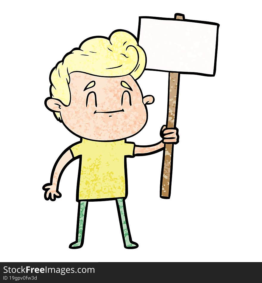 happy cartoon man with sign. happy cartoon man with sign