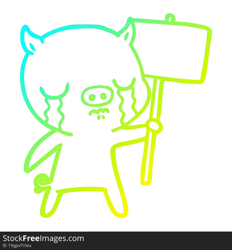 cold gradient line drawing cartoon crying pig with sign post