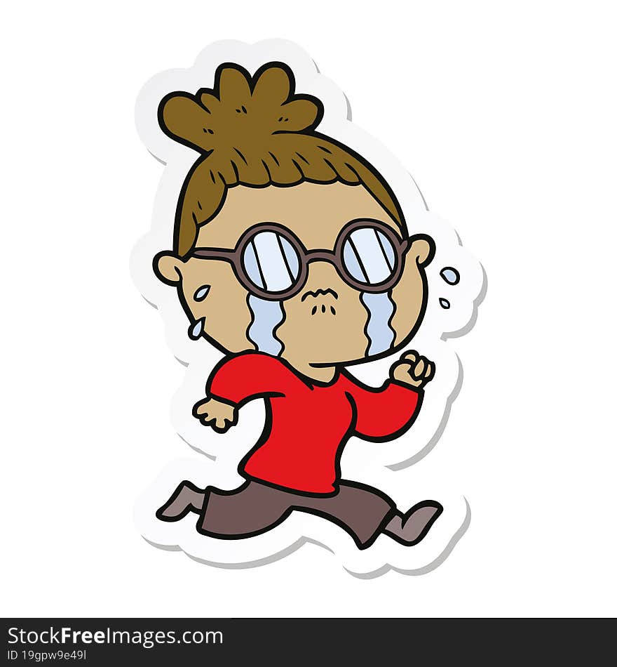 sticker of a cartoon crying woman wearing spectacles