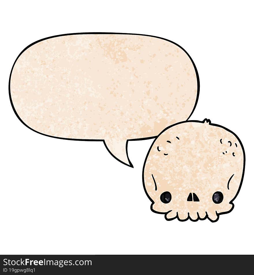 cartoon skull and speech bubble in retro texture style