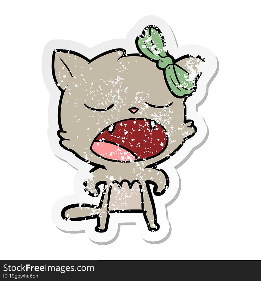 distressed sticker of a cartoon cat meowing