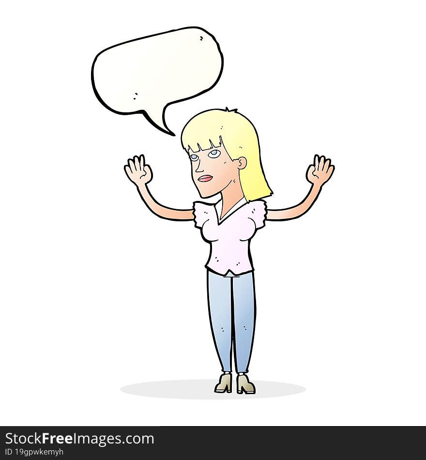 cartoon woman throwing hands in air with speech bubble