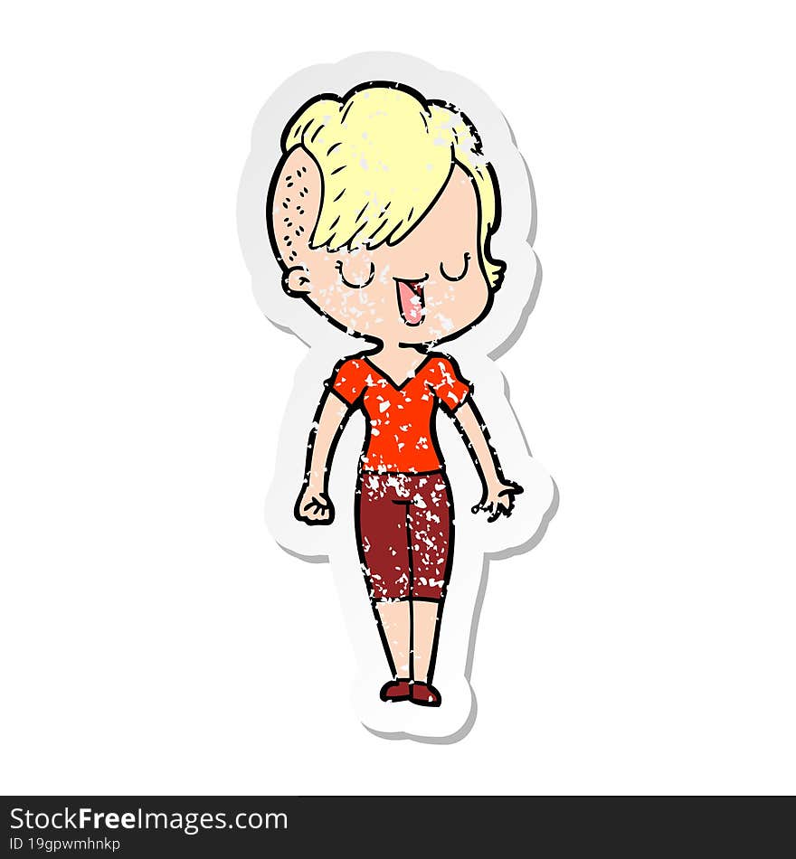 Distressed Sticker Of A Cute Cartoon Girl With Hipster Haircut