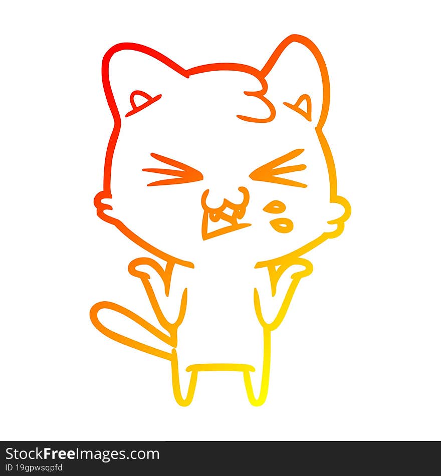 warm gradient line drawing of a cartoon cat hissing