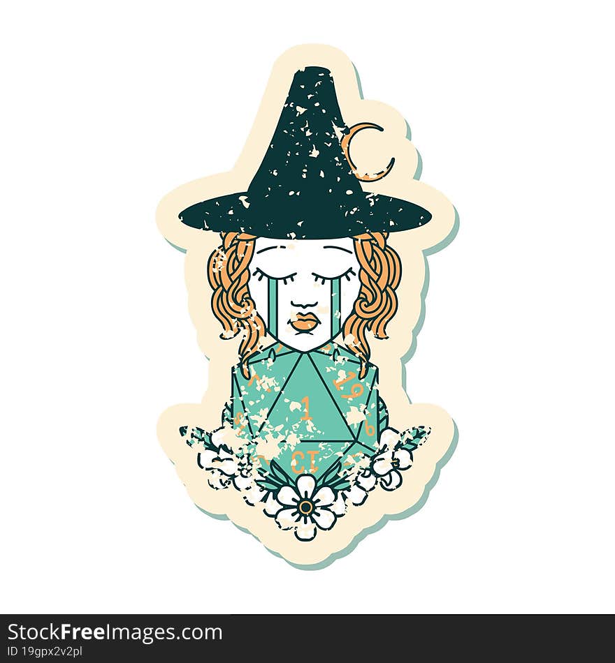 grunge sticker of a crying human witch with natural one D20 dice roll. grunge sticker of a crying human witch with natural one D20 dice roll