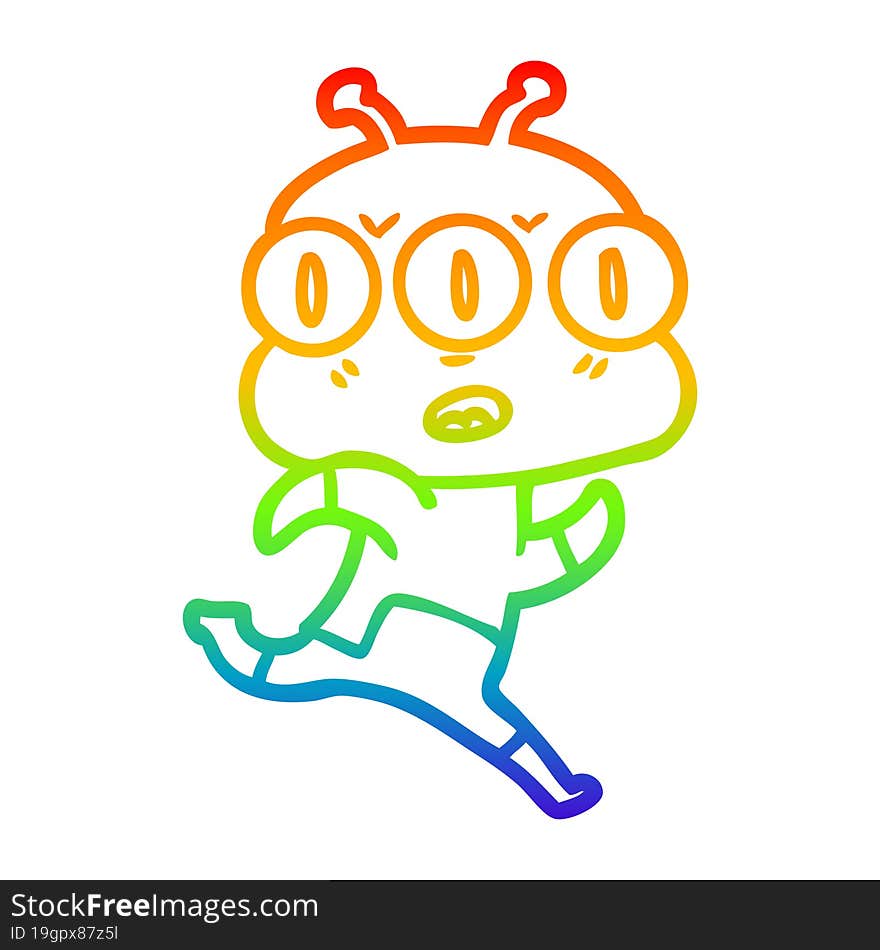 Rainbow Gradient Line Drawing Cartoon Three Eyed Alien