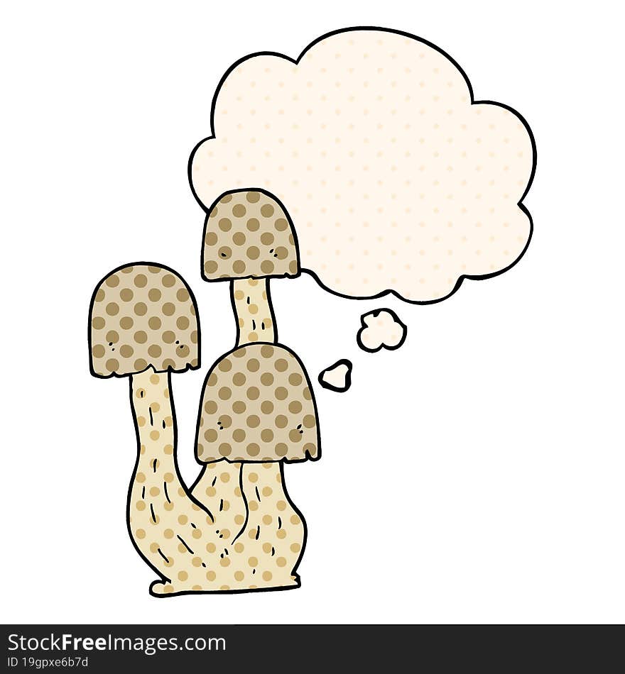 cartoon mushroom with thought bubble in comic book style