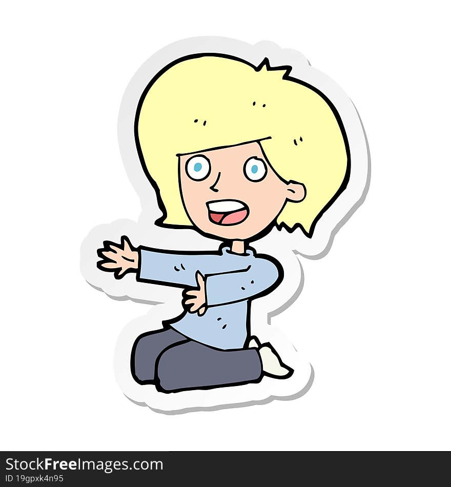 sticker of a cartoon shocked woman on knees