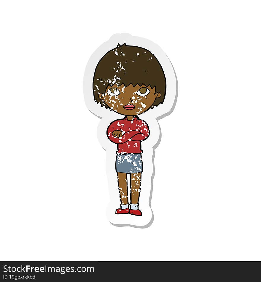 Retro Distressed Sticker Of A Cartoon Woman With Crossed Arms