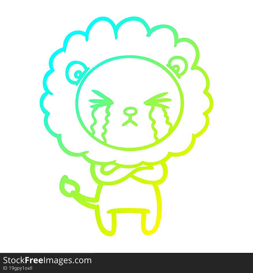 Cold Gradient Line Drawing Cartoon Crying Lion With Crossed Arms